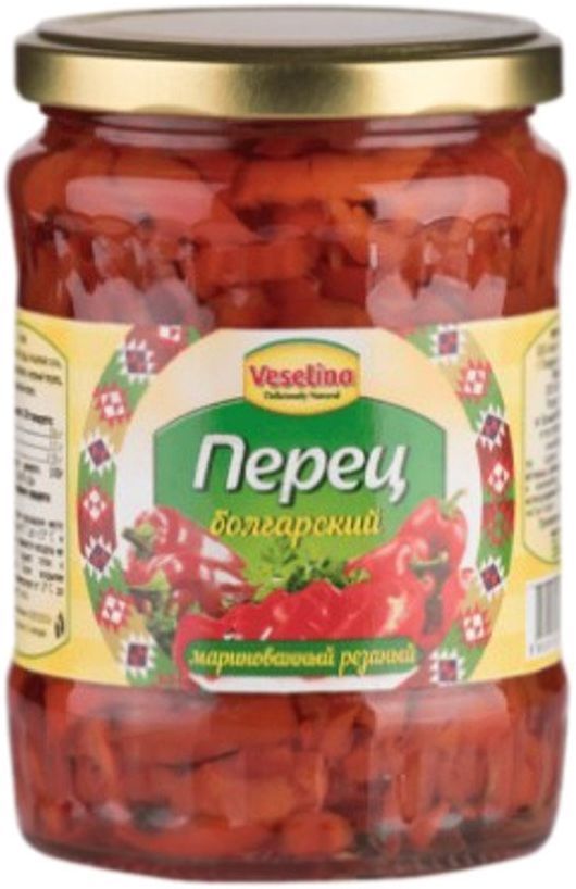 Veselina перец болгарский маринованный резаный, 560 г3800500082097 Veselina перец болгарский маринованный резаный, 560 г3800500082097Перец болгарский маринованный резаный прекрасно сочетается с картофелем, рисом, а также с любым видом мяса.