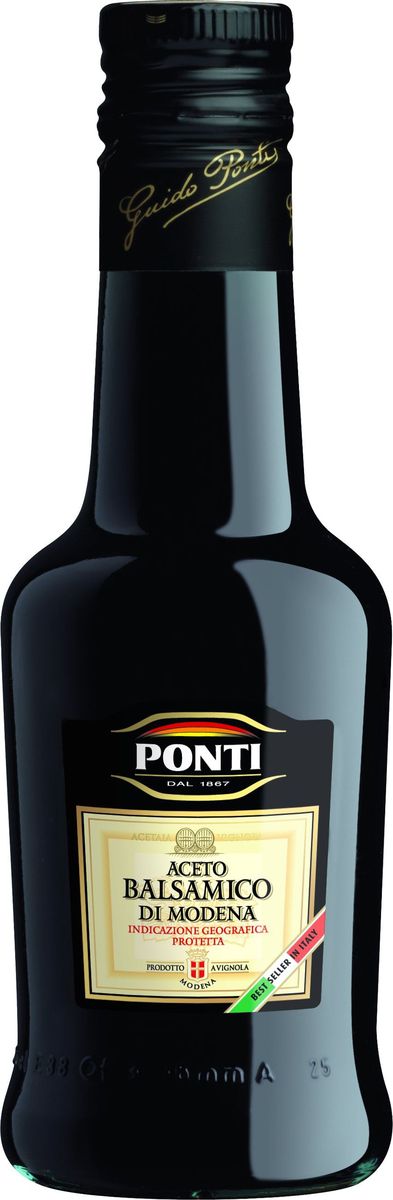 Ponti Di Modena бальзамический уксус, 250 мл0120710 Ponti Di Modena бальзамический уксус, 250 мл0120710Изготовлен по старинному семейному рецепту, исключителен для кухни, великолепен к столу! Обладает нежным фруктовым вкусом и даже напоминает вино, слегка сладкий, благодаря выдержке в деревянных бочках, великолепен для заправки салатов!