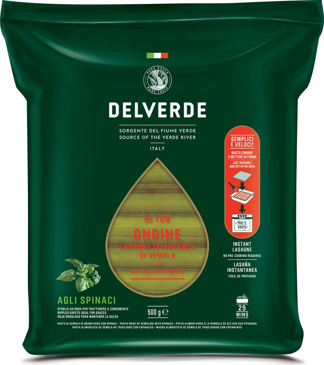 Delverde № 108 паста Ондине со шпинатом, 500 г6790 Delverde № 108 паста Ондине со шпинатом, 500 г6790Способ приготовления: Продукт предварительно отварен, готов для приготовления лазаньи. Перед запеканием поместить в горячую воду на несколько минут. После чего поместите первый лист в форму и нанесите желаемую начинку. Вторую пластину положите перпендикулярно первой, так чтобы волны пересеклись под углом 90°. Продолжайте накладывать друг на друга пластины почти до полного заполнения формы. В конце добавьте немного бульона или воды из-под пасты, чтобы добавить блюду влажности в процессе приготовления. Закройте форму фольгой и выпекайте в духовке в течение 25 минут при температуре 160°C. За 10 минут до окончания выпекания удалите слой фольги, чтобы верхний слой стал золотистым. О производителе: Компания Delverde Industrie Alimentari S.p.a начала свою историю в середине XX века в Фаре, доведя до совершенства искусство традиционного производство пасты. Традиция изготовления пасты в историческом поселении Фара Сан Мартино известна по всему миру с XVII века: именно здесь производители впервые научились искусству смешивать зерна пшеницы с чистейшей водой реки Верде. Фара Сан Мартино до сих пор славится как одна из мировых столиц пасты. С самого начала миссией компании было производить и предлагать миру высококачественные продукты из высококачественных ингредиентов. Компания Delverde до сих пор работает в соответствии с наилучшими итальянскими гастрономическими и промышленными традициями. Для приготовления пасты Delverde используются только отборные, отлично сочетающиеся друг с другом ингредиенты: чистейшая вода из реки Верде и зерна самой качественной твердой пшеницы.Варить в кипящей подсоленной воде 10 минут.