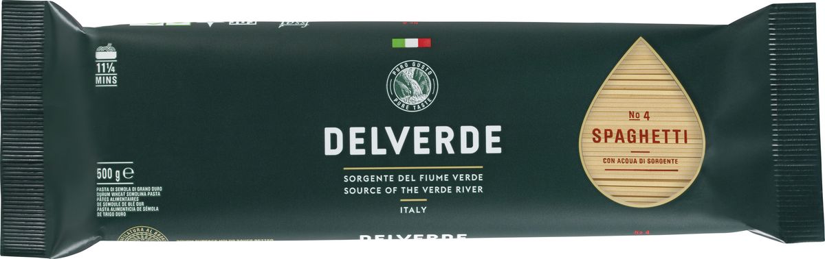 Delverde № 004 Спагетти, 500 г7238 Delverde № 004 Спагетти, 500 г7238Спагетти - самый популярный формат пасты. Идеальны в сочетании с томатными, мясными, овощными соусами.Варить в кипящей подсоленной воде 11 минут. Компания Delverde Industrie Alimentari S.p.a начала свою историю в середине XX века в Фаре, доведя до совершенства искусство традиционного производство пасты. Традиция изготовления пасты в историческом поселении Фара Сан Мартино известна по всему миру с XVII века: именно здесь производители впервые научились искусству смешивать зерна пшеницы с чистейшей водой реки Верде. Фара Сан Мартино до сих пор славится как одна из мировых столиц пасты.
