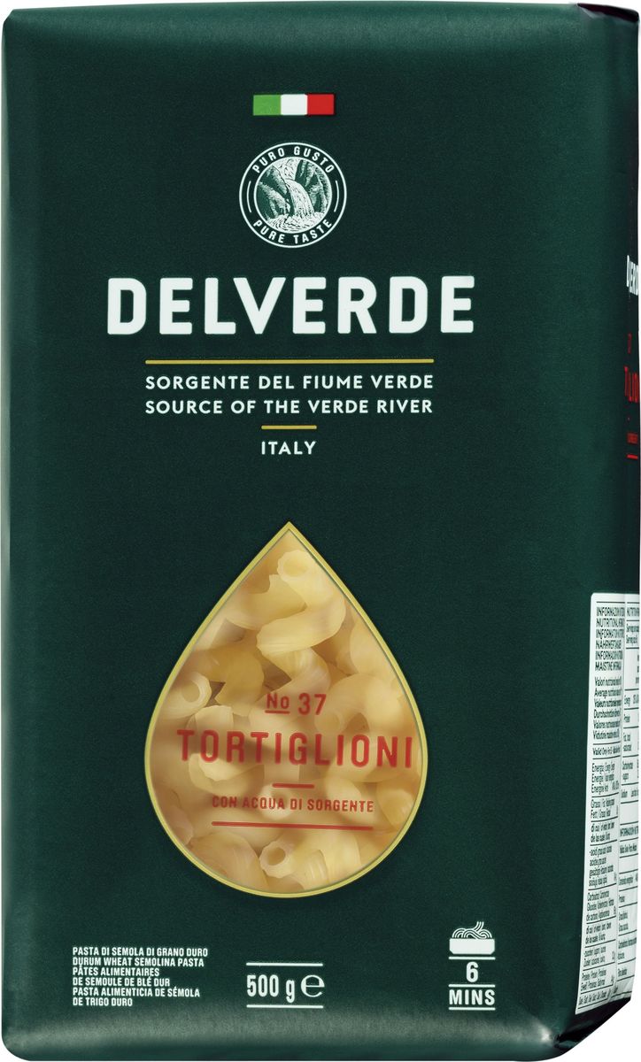 Delverde № 037 паста Тортильони, 500 г7239 Delverde № 037 паста Тортильони, 500 г7239Паста Тортильони Delverde сочетается с густыми мясными и сырными соусами, подходит для запеканок.Варить в кипящей подсоленной воде 7 минут.Компания Delverde Industrie Alimentari S.p.a начала свою историю в середине XX века в Фаре, доведя до совершенства искусство традиционного производство пасты. Традиция изготовления пасты в историческом поселении Фара Сан Мартино известна по всему миру с XVII века: именно здесь производители впервые научились искусству смешивать зерна пшеницы с чистейшей водой реки Верде. Фара Сан Мартино до сих пор славится как одна из мировых столиц пасты. С самого начала миссией компании было производить и предлагать миру высококачественные продукты из высококачественных ингредиентов. Компания Delverde до сих пор работает в соответствии с наилучшими итальянскими гастрономическими и промышленными традициями. Для приготовления пасты Delverde используются только отборные, отлично сочетающиеся друг с другом ингредиенты: чистейшая вода из реки Верде и зерна самой качественной твердой пшеницы.