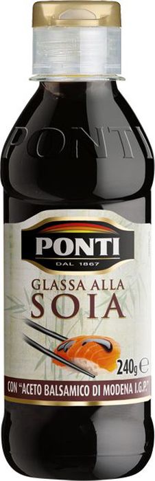 Ponti Топпинг соевый Glassa alla soia на основе бальзамического уксуса Di Modena, 250 млМС-00000577 Ponti Топпинг соевый Glassa alla soia на основе бальзамического уксуса Di Modena, 250 млМС-00000577Вкус и аромат вареного виноградного сусла, смешанный снеповторимым бальзамическим уксусом Модены, создаютбальзамический топпинг. Он появился благодаря лучшимитальянским и европейским шеф-поварам, которые уже давновыпаривали бальзамический уксус, чтобы получить густой вкусныйкрем. Обладает великолепным кисло-сладким вкусом и является изысканнымлакомством и позволяет подчеркнуть и усилить вкус самыхразнообразных блюд.