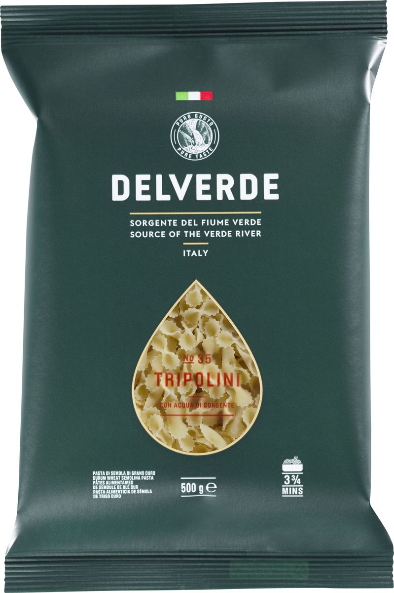 Delverde № 035 паста Триполини, 500 гМС-00003347 Delverde № 035 паста Триполини, 500 гМС-00003347Триполини Delverde - короткая паста. Идеальна для приготовления супов и запеканок, а также как самостоятельное блюдо в сочетании с овощными соусами и соусами из морепродуктов.Варить в кипящей подсоленной воде 4 минут.Компания Delverde Industrie Alimentari S.p.a начала свою историю в середине XX века в Фаре, доведя до совершенства искусство традиционного производство пасты. Традиция изготовления пасты в историческом поселении Фара Сан Мартино известна по всему миру с XVII века: именно здесь производители впервые научились искусству смешивать зерна пшеницы с чистейшей водой реки Верде. Фара Сан Мартино до сих пор славится как одна из мировых столиц пасты. С самого начала миссией компании было производить и предлагать миру высококачественные продукты из высококачественных ингредиентов. Компания Delverde до сих пор работает в соответствии с наилучшими итальянскими гастрономическими и промышленными традициями. Для приготовления пасты Delverde используются только отборные, отлично сочетающиеся друг с другом ингредиенты: чистейшая вода из реки Верде и зерна самой качественной твердой пшеницы.
