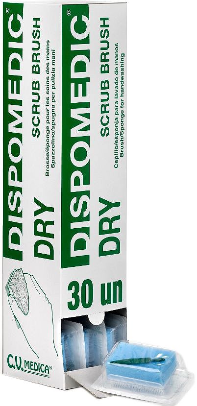 CV Medica Стерильная хирургическая двухсторонняя щетка Dispomedic Dry, 8 x 4,8 x 2,2 см, 100 шт0030200N CV Medica Стерильная хирургическая двухсторонняя щетка Dispomedic Dry, 8 x 4,8 x 2,2 см, 100 шт0030200NСтерильные хирургические двухсторонние щетки DISPOMEDIC Dry анотомической формы с нейлоновыми щетинками и мягкой губкой предназначены для эффективной антисептической обработки кожи рук.С одной стороны щетки находится губка, другая сторона состоит из нейлоновых щетинок.Одноразовая щетка упакована в индивидуальную упаковку и продается в комплекте со специальной пластиковой палочкой для обработки области вокруг ногтей.