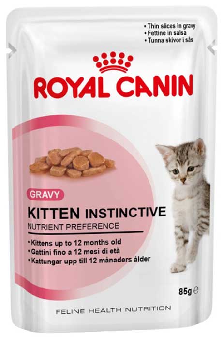 Консервы Royal Canin Kitten Instinctive, для котят, мелкие кусочки в соусе, 85 г17521 Консервы Royal Canin Kitten Instinctive, для котят, мелкие кусочки в соусе, 85 г17521Консервы Royal Canin Kitten Instinctive - полнорационный влажный корм для котят с 4 до 12 месяцев.Котенок во 2-й фазе роста продолжает расти, только рост происходит не так активно, как в 1-й фазе, поэтому:- Он предпочитает специальную формулу Macro Nutritional Profile. - Укрепляется костная ткань котенка. Потребность котенка в энергии остается высокой, хотя и несколько меньшей, чем у котят 1-й фазы роста. - У котят прорезаются постоянные зубы.- Котенок 2-й фазы роста уже обладает собственной иммунной системой, однако его естественные защитные силы пока остаются уязвимыми. Пищевое предпочтение котят.Корм Kitten Instinctive имеет тщательно сбалансированную рецептуру, соответствующую оптимальной формуле Macro Nutritional Profile, инстинктивно предпочитаемой котятами во 2-й фазе роста.Легкое пережевывание.Размер и текстура кусочков корма идеально адаптированы для челюстей котенка. Естественная защита.Корм Kitten Instinctive помогает формированию естественной защитной системы организма котенка, стимулируя выработку антител благодаря маннановым олигосахаридам и комплексу антиоксидантов (витаминам E и C, таурину и лютеину). Состав: мясо и мясные субпродукты, злаки, экстракты белков растительного происхождения, субпродукты растительного происхождения, молоко и продукты его переработки, масла и жиры, минеральные вещества, дрожжи, углеводы.Добавки (в 1 кг): Витамин D3: 250 ME, Железо: 1,4 мг, Марганец: 0,44 мг, Цинк: 4,4 мг. Товар сертифицирован.Уважаемые клиенты!Обращаем ваше внимание на возможные изменения в дизайне упаковки. Качественные характеристики товара остаются неизменными. Поставка осуществляется в зависимости от наличия на складе.