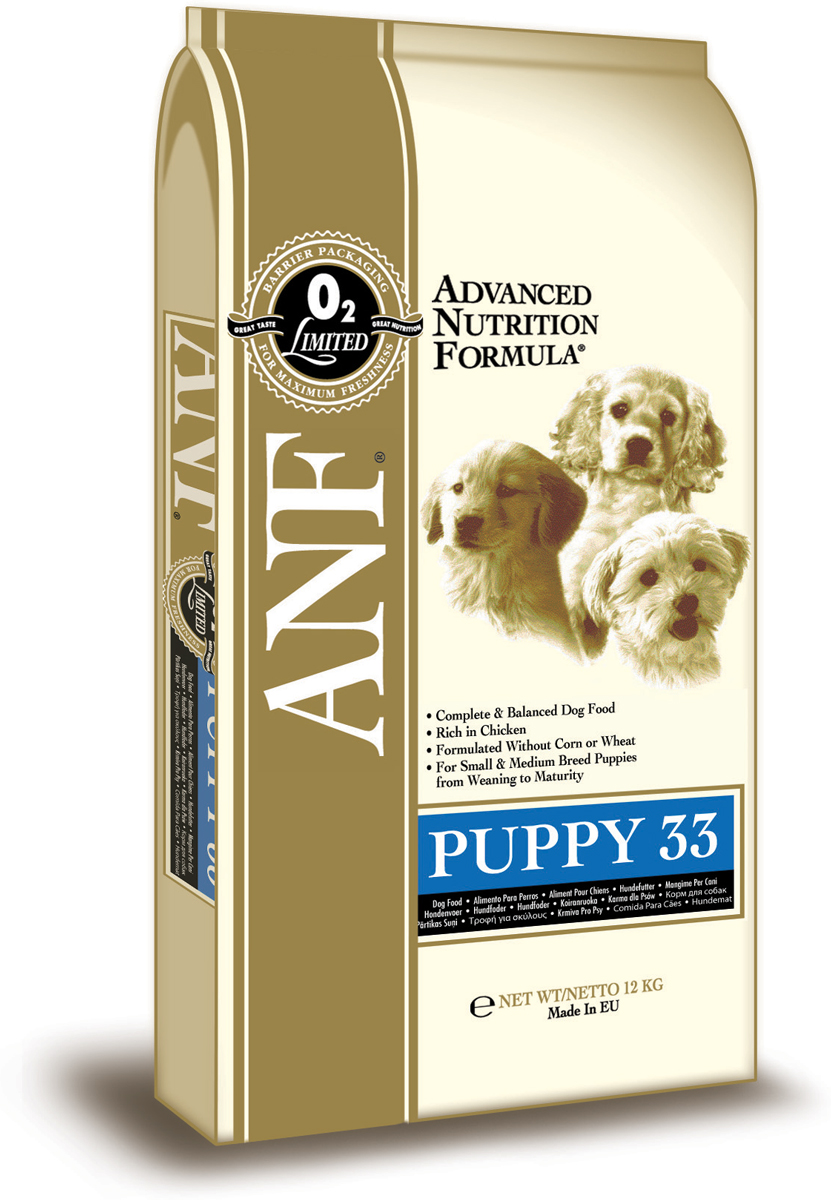 Корм сухой ANF Puppy 33 для щенков, беременных и кормящих собак, 12 кг420 Корм сухой ANF Puppy 33 для щенков, беременных и кормящих собак, 12 кг420Великолепный вкус и небольшие размеры гранул, специально для щенков. Прекрасно сбалансированный состав для правильного роста щенков мелких пород (до 10 кг) и средних пород. Отличный выбор в качестве первого корма для щенков средних и крупных пород, отлучаемых от матери (возрастом до 4 месяцев). Достаточное количество белков и кальция для здорового роста. Рацион подходит для щенков крупных пород в период от начала прикорма до 4-х месяцев (далее использовать рацион Junior 28). Рацион рекомендован беременным и кормящим сукам.Состав: куриная мука (мин. 45%), дробленый белый рис, куриный жир (содержащий консерванты из токоферолов), овес, свекловичный жом, яичный порошок, рыбная мука, льняное семя, соус из куриной печени, карбонат кальция, хлорид калия, рыбий жир, хлорид натрия, холинхлорид, пивные дрожжи, смесь токоферола (витамин Е) (альфа-токоферола ацетат), экстракт Yucca Schidigera, аскорбил монофосфат, сульфат железа, сульфат цинка, сульфат марганца, сульфат меди, смесь витамина В12, смесь витамина А (ретинилацетат), витамин РР, смесь селенита натрия, смесь витамина D3 (холекальциферол), смесь витамина Н (биотин), пантотенат кальция, витамин В1 (тиамина мононинрат), смесь витмина В2 (рибофлавин), витамин В6 ( пиридоксина гидрохлорид), йодат кальция, фолиевая кислота. Гарантированный состав: белок - 33%, жир - 18%, сырая зола - 9,5%, сырая клетчатка - 3,5%, влажность - 8%, кальций (Ca) - 2,14%, фосфор (P) - 1,21%, жирные кислоты Омега-6 - 3,03%, жирные кислоты Омега-3 - 0,85%, витамин А - 25,694 МЕ/кг, витамин D3 - 2,292 МЕ/кг, витамин Е - 182 МЕ/кг, витамин С - 185 мг/кг, пентагидрат сульфата меди - 61,11 мг/кг. Энергетическая ценность: 367 ккал/100г.Товар сертифицирован.