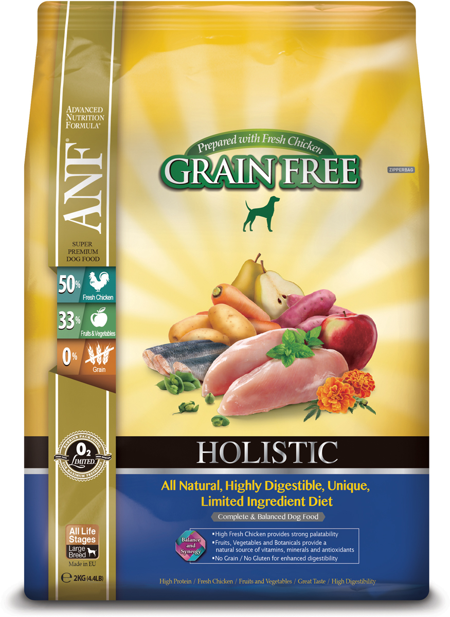 Корм сухой ANF Holistic Grain Free для взрослых собак, беззерновой, с курицей, 2 кг0303 Корм сухой ANF Holistic Grain Free для взрослых собак, беззерновой, с курицей, 2 кг0303Полноценное и сбалансированное беззерновое питание для собак на всех стадиях жизни. Приготовленные на основе свежего мяса курицы или лосося рационы Anf Holistic Grain Free отличаются великолепным вкусом и усвояемостью белка более чем на 95%! Полностью натуральные. Высокоусвояемые, уникальные рационы с ограниченным количеством ингредиентов. Высокий уровень Омега-3 жирных кислот обеспечивает блеск шерсти и здоровье кожи животного. Свежее мясо курицы, добавленное в рацион, придает ему великолепный вкус, обеспечивает отличное усвоение всего комплекса необходимых аминокислот.Фрукты, овощи и специально подобранные травы являются натуральными источниками витаминов, минеральных веществ и антиоксидантов. Рационы не содержат зерна, кукурузы, сои для улучшения их усвояемости. Приготовлено на основе свежего мяса курицы. Состав: 62% мяса курицы (включая 51% свежего незамороженного мяса курицы, 9% вяленого мяса курицы и 2% бульона из куриной печени), картофель, турецкий горох, сладкий картофель, горох 3%, вяленая сельдь, кокосовое масло, витамины и минералы, яблоко, смесь трав (тимьян, майоран, орегано, петрушка, шалфей), груша, морковь, клюква, водоросли, календула. мята, спирулина, ФОС (462 мг/кг), МОС (115 мг/кг), глюкозамин (170 мг/кг), метилсульфонилметан (170 мг/кг), хондроитин (120 мг/кг). Анализ: неочищенный белок 28%, неочищенных масел и жиров 15%, сырая клетчатка 2,5%, неорганические минералы 7%, НФО (углеводы) 39,5%, Омега-3 - 2,52%, Омега-6 0,45%, кальций 1,53%, фосфор 1,24%. Витамины и добавки на 1 кг: витамин А (ретинол ацетат) - 14423 МЕ, витамин D3 (холекальциферол) - 2,163 МЕ, витамин Е (альфатокоферол ацетат) - 96 мг, цинк хелат аминокислот гидрата - 321 мг, феррохелат аминокислот гидрата - 321 мг, марганца хелат аминокислот гидрата - 224 мг, меди хелат аминокислот гидрата - 144 мг, кальций йодат безводный - 1,58 мг, селенит натрия 0,64 мг. Аминокислоты: таурин - 190 мг Пробиотик: содержит E1705 Enterococcus faecium cernelle 68 (SF68: Национальные коллекции промышленных, пищевых и морских бактерий NCIMB 10415) 1 000 000 000 KOE/кг для поддержания кишечной микрофолоры. Энергетическая ценность: 364 ккал/100 г.Товар сертифицирован.