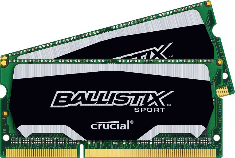 Crucial Ballistix Sport SO-DIMM DDR3L 2х4Gb 1600 МГц комплект модулей оперативной памяти (BLS2C4G3N169ES4CEU)BLS2C4G3N169ES4CEU Crucial Ballistix Sport SO-DIMM DDR3L 2х4Gb 1600 МГц комплект модулей оперативной памяти (BLS2C4G3N169ES4CEU)BLS2C4G3N169ES4CEUМодули оперативной памяти Crucial Ballistix Sport типа SO-DIMM DDR3L предоставляют качество работы, надежность и производительность, требуемую для современных ноутбуков сегодня. Оснащены теплоотводом, выполненным из чистого алюминия, что ускоряет рассеяние тепла. Благодаря низкому напряжению (1,35 В), снижается потребление энергии, что обеспечивает снижение нагрева и бесшумную работу ноутбука.Общий объем памяти составляет 8 ГБ, что позволит свободно работать со стандартными, офисными и профессиональными ресурсоемкими программами, а также современными требовательными играми. Работа осуществляется при тактовой частоте 1600 МГц и пропускной способности, достигающей до 12800 Мб/с, что гарантирует качественную синхронизацию и быструю передачу данных, а также возможность выполнения множества действий в единицу времени. Параметры тайминга 9-9-9-24 гарантируют быструю работу системы.