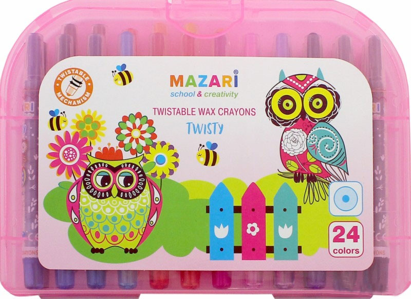 Mazari Мелки восковые Twisty 24 цвета цвет чемоданчика розовыйМ-6380-24_розовый Mazari Мелки восковые Twisty 24 цвета цвет чемоданчика розовыйМ-6380-24_розовыйНабор восковых мелков Mazari Twisty содержит 24 мелка ярких насыщенных цветов. Каждый мелок имеет пластиковый выкручивающийся корпус. Мелки обеспечивают удивительно мягкое письмо, позволяющее легко закрашивать большие площади. Мелки предназначены для рисования на бумаге, картоне, керамике и пластике. Не токсичны и абсолютно безопасны для детей.Мелки аккуратно упакованы в пластиковый чемоданчик.