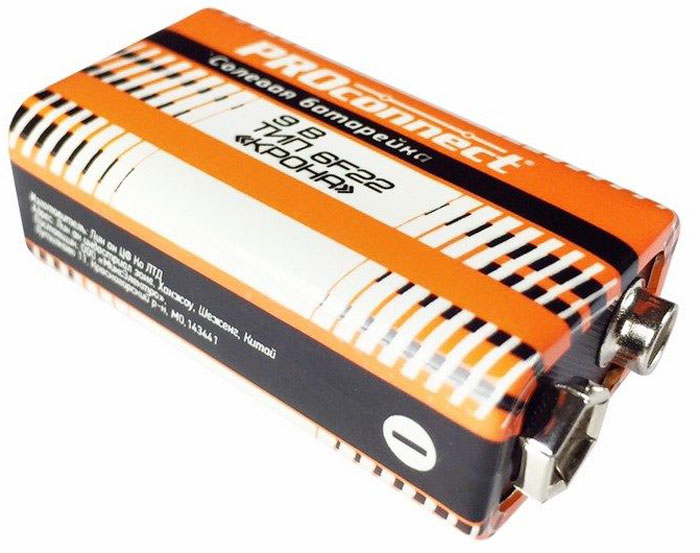 Батарейка солевая PROconnect Крона, 9V, 6F2230-0030 Батарейка солевая PROconnect Крона, 9V, 6F2230-0030Вам нужна батарейка для устройства со стабильным уровнем потребления? Для этого отлично подойдет солевая батарейка 9V КРОНА PROconnect 6F22 в термопленке. Сейчас такие батарейки используются гораздо реже, чем раньше. Однако вы все еще можете встретить такие батарейки в некоторых устройствах: в пультах управления игрушек, машинок и вертолетов, в рациях и радиомикрофонах. Солевые батарейки отличаются невысокой ценой и длительным сроком службы при использовании их в устройствах со стабильным уровнем потребления.Напряжение: 9В.Форм фактор: 6F22.