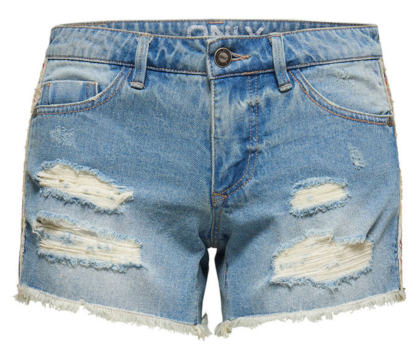 Шорты женские Only, цвет: синий. 15134624_Light Blue Denim. Размер 27 (42/44)15134624_Light Blue Denim Шорты женские Only, цвет: синий. 15134624_Light Blue Denim. Размер 27 (42/44)15134624_Light Blue DenimМодные рваные шорты Only помогут создать стильный повседневный образ. Они застегиваются на пуговицу в поясе и ширинку на молнии. Модель имеет среднюю линию талии и классический пятикарманный крой: два втачных кармана и небольшой накладной кармашек спереди, два больших накладных кармана сзади. Пояс дополнен шлевками для ремня и кожаной нашивкой сзади. Сбоку модель украшена разноцветной плетеной лентой.