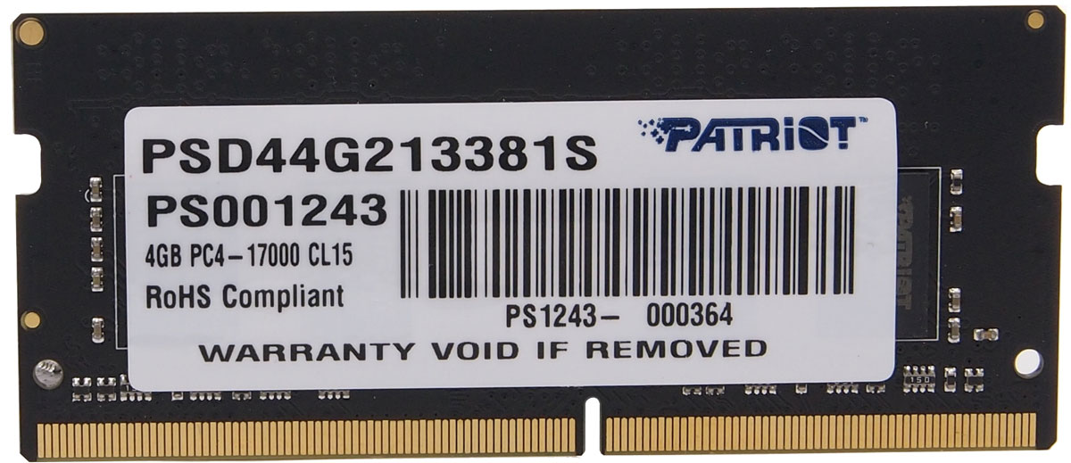Patriot SO-DIMM DDR4 4Gb 2133 МГц модуль оперативной памяти (PSD44G213381S)PSD44G213381S Patriot SO-DIMM DDR4 4Gb 2133 МГц модуль оперативной памяти (PSD44G213381S)PSD44G213381SНебуферезированная память Patriot SO-DIMM DDR4 предоставляет качество работы, надежность и производительность, требуемую для современных ноутбуков сегодня. Этот модуль емкостью 4 ГБ, спроектирован для работы на частоте 2133 МГц PC4-17000 при таймингах CL-15. Благодаря низкому напряжению (1,2 В), снижается потребление энергии, что обеспечивает отсутствие нагрева и бесшумную работу ноутбука.