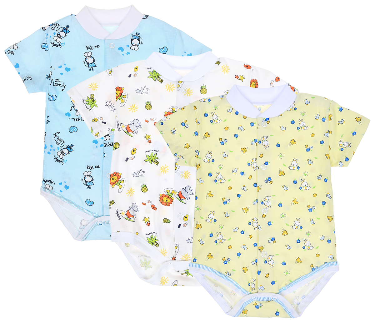 Боди-футболка детское Фреш Стайл, цвет: голубой, желтый, белый, 3 шт. 10-325м. Размер 62, 3 месяца