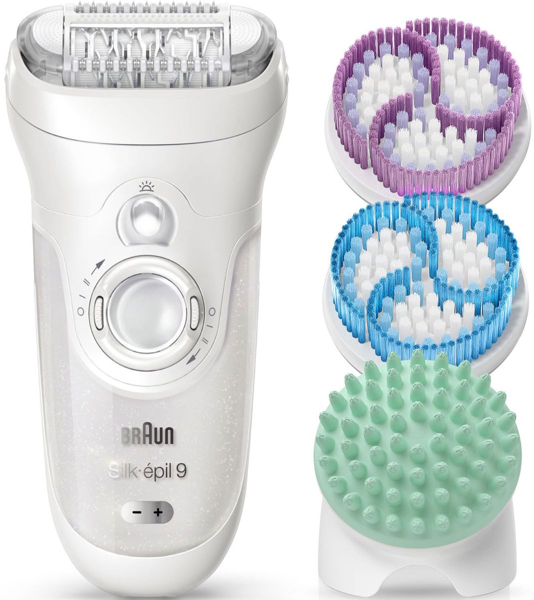 Braun Silk-epil 9 SkinSpa 9-969v эпилятор81632129 Braun Silk-epil 9 SkinSpa 9-969v эпилятор81632129Braun Silk-epil 9 SkinSpa 9-969v - лучшая система эпиляции, пилинга и ухода за кожей.Более широкая головкаГоловка эпилятора Braun Silk-epil 9 на 40% шире, благодаря чему она удаляет намного больше волосков одним движением, а значит, процесс эпиляции проходит быстрее. С новым стандартом эпиляции вы сможете наслаждаться кожей, долго сохраняющей гладкость, до 4 недель.Технология пинцетов Micro-gripЭффективно удаляет волоски с корнем для гладкости, которая сохраняется надолго.Система высокочастотного массажаС пульсирующей активной вибрацией – для лучшей мягкой эпиляции.Плавающая головкаМягко повторяет контуры тела для превосходного комфорта и эффективности.Технология Wet&DryМожно использовать прибор в ванне или душе для более комфортной эпиляции.Высокоэффективные щетинкиНовые высокоэффективные щетинки уникальной трехгранной формы еще лучше отшелушивают кожу.Форма в виде чашиУникальное сочетание щетинок разной длины и формы чаши помогают удержать на щеточке любимый скраб или гель.Ультразвуковой пилинг3000 микровибраций в минуту гарантируют тщательное отшелушивание кожи.Густая щёточкаС помощью 10000 мельчайших щетинок мягко удаляет ороговевшие клетки кожи и стимулирует её восстановление.