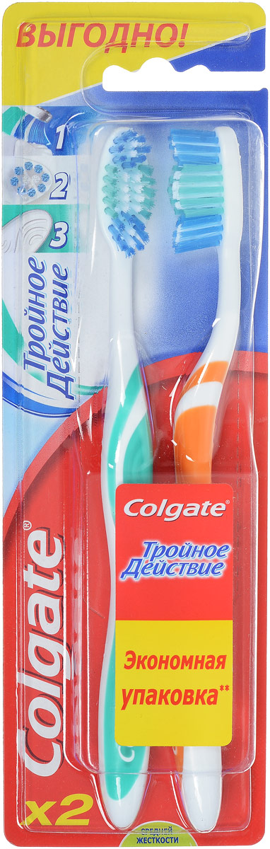 Colgate Зубная щетка Тройное действие, средняя жесткость, цвет: зеленый, оранжевый, 2 штFCN21767_зеленый, оранжевый Colgate Зубная щетка Тройное действие, средняя жесткость, цвет: зеленый, оранжевый, 2 штFCN21767_зеленый, оранжевыйColgate Тройное действие - зубная щетка средней жесткости. Щетинки всесторонней чистки способствуют бережному очищению зубного налета, возвращая зубам естественную белизну. Поверхность для чистки языка обеспечивает свежее дыхание.Эргономичная рифленая ручка не скользит в ладони, амортизирует давление руки на нежную поверхность десен. Товар сертифицирован.