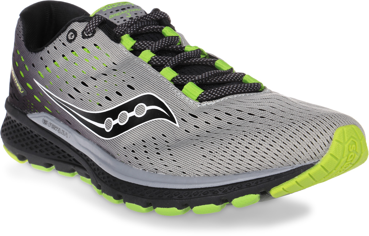 Кроссовки для бега мужские Saucony Breakthru 3, цвет: серый, черный. S20358-2. Размер 8,5 (41)S20358-2 Кроссовки для бега мужские Saucony Breakthru 3, цвет: серый, черный. S20358-2. Размер 8,5 (41)S20358-2Мужские кроссовки Saucony Breakthru 3 - ультралегкие беговые кроссовки с поддержкой стопы.Верх выполнен из специальной воздухопроницаемой сетки, отличающейся эластичностью и легкостью для более динамичного движения. Шнуровка надежно фиксирует обувь на ноге и позволяет отрегулировать объем. IBR+ увеличенный по боковому краю придает дополнительную устойчивость каждому шагу. Модель Breakthru 3 теперь с дополнительным слоем из EVERUN,расположенным прямо под стелькой. Подошва с технологией TRI-FLEX в сочетании с материаломEVERUN увеличивают распределение нагрузки по большейплощади поверхности, одновременно обеспечиваяоптимальную гибкость и сцепление.