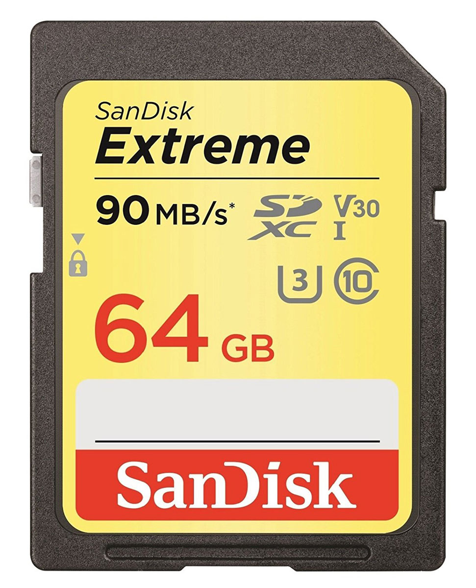 SanDisk Extreme SDXC UHS-I 64GB карта памятиSDSDXVE-064G-GNCIN SanDisk Extreme SDXC UHS-I 64GB карта памятиSDSDXVE-064G-GNCINИсключительная скорость для записи самых лучших кадров. Класс скорости видео 30 (V30) и класс скорости UHS 3 (U3) дают возможность записывать видео в формате 4K UHD с разрешением сверхвысокой четкости. SanDisk Extreme SDXC UHS-I имеет объем 64 ГБ и скоростью чтения до 90 МБ/с для быстрой передачи данных. Быстрая съемка за счет скорости записи до 40 МБ/с. Карта памяти SanDisk Extreme SDHC UHS-I позволяет снимать по несколько кадров в секунду, благодаря чему такая карта памяти идеально подходит для режима быстрой или непрерывной фотосъемки.Благодаря исключительно высокой скорости чтения до 90 МБ/с эта карта памяти позволяет передавать изображения сверхвысокого разрешения и видео в формате 4K UHD с цифровой зеркальной фотокамеры или видеокамеры на компьютер за считанные секунды.Эта карта поставляется с возможностью загрузки программного обеспечения RescuePRO Deluxe для восстановления данных. Данное ПО позволяет легко восстанавливать файлы, которые были случайно удалены (требуется загрузка).Карта памяти SanDisk Extreme SDXC отличается ударопрочностью и водонепроницаемостью, работает при широком диапазоне температур и защищена от воздействия рентгеновских лучей, поэтому вы можете наслаждаться любыми приключениями, не беспокоясь о надежности карты памяти.