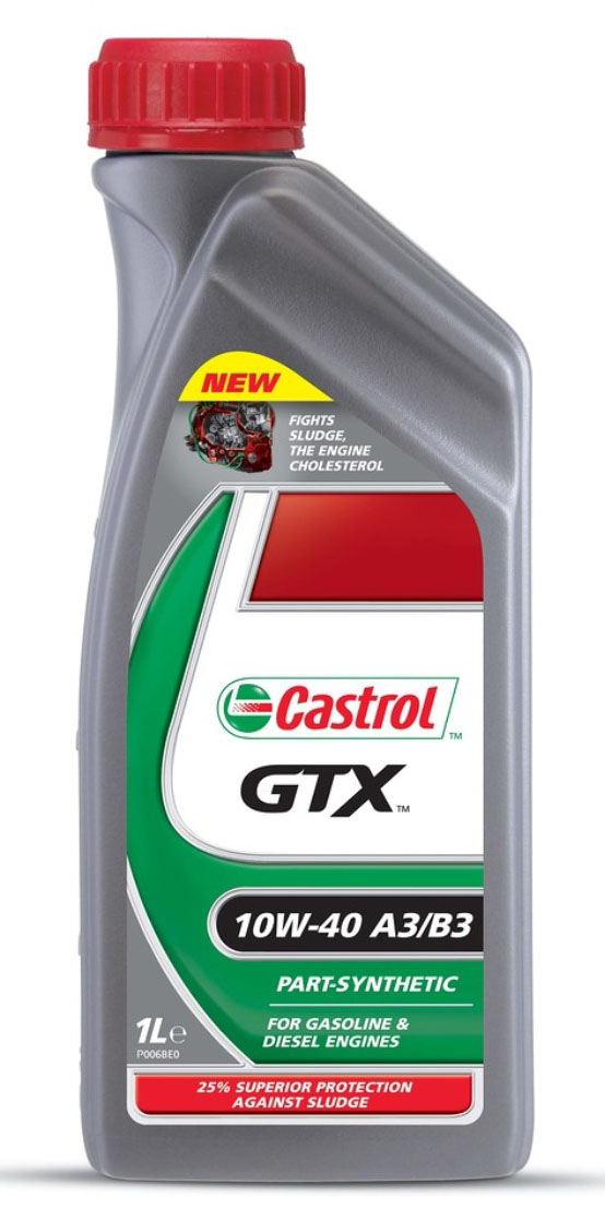 Моторное масло Castrol GTX 10W-40 A3/B3, полусинтетическое, 1 л1586FC Моторное масло Castrol GTX 10W-40 A3/B3, полусинтетическое, 1 л1586FCCastrol GTX 10W-40 A3/B3 — полусинтетическое моторное масло для бензиновых и дизельных двигателей, одно из самых популярных моторных масел в мире. Подходит для автомобилей иностранного и отечественного производства. Это больше, чем просто масло. Это комплекс технических решений и технологий, ежедневно защищающий Ваш двигатель от негативных воздействий, в частности, от образования шлама. Тяжёлые условия эксплуатации автомобиля, такие как частая работа двигателя в режимах остановка — движение / стоп — старт, суровый климат и увеличенные интервалы замены масла, могут приводить к образованию густых смолистых отложений, которые называются шламами. Накопление шлама в Вашем двигателе может привести к ухудшению циркуляции масла и преждевременному выходу двигателя из строя. Сastrol GTX защищает двигатель от образования отложений на 25% лучше по сравнению с нормами, установленными стандартами API SL и ACEA A3/B3.