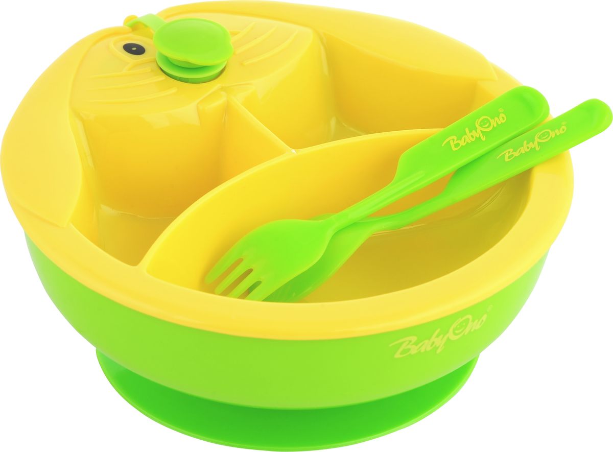 BabyOno Тарелка с подогревающим дном цвет желтый зеленый237 BabyOno Тарелка с подогревающим дном цвет желтый зеленый237Практичная и функциональная тарелка с подогревающим дном BabyOno станет незаменимым помощником при кормлении малыша. Подогреваемое дно миски позволяет дольше поддерживать соответствующую температуру пищи - достаточно наполнить подставку тарелки теплой водой, и она будет согревать пищу, что позволит малышу не спешить и сделает кормление более комфортным для родителей. Три секции позволяют разделить пищу, а присоска на дне предотвращает перемещение миски по столу. Такая тарелка идеально подойдет для освоения навыков самостоятельного приёма пищи. Она изготовлена из безопасных материалов, предназначенных для контакта с пищей. В комплект входят столовые приборы - ложка и вилка.