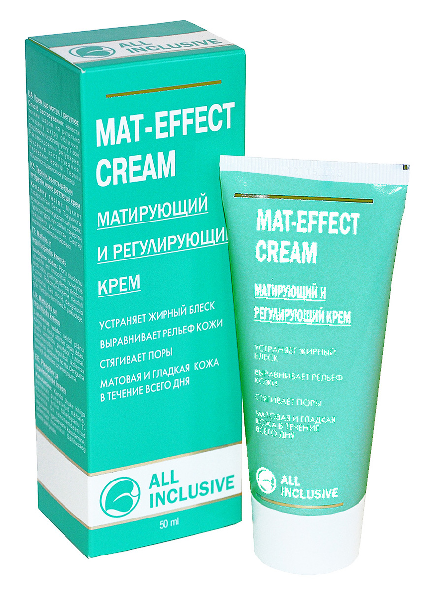 All Inclusive Mat-Effect Cream- матирующий и регулирующий крем, 50 мл200103 All Inclusive Mat-Effect Cream- матирующий и регулирующий крем, 50 мл200103Специально создан для правильного ухода за жирной кожей с целью снижения риска образования комедонов и уменьшения жирности кожи. Деликатно устраняет жирный блеск и тусклость кожи, выравнивает и освежает кожу, обеспечивает тройной эффект: регулирует работу сальных желез, сужает расширенные поры, витаминизирует, восстанавливает и омолаживает кожу. Растительные экстракты алоэ, конского каштана, лимона и ромашки уменьшают избыточную продукцию кожного сала. Богатое активными веществами масло рыжика и карбамид регулируют увлажнение и защищают сухие зоны комбинированной кожи от потери влаги. D-пантенол и витамин Е сохраняют естественный липидный баланс кожи. Крем обеспечивает длительный матирующий эффект, стимулирует собственные защитные функции кожи, предохраняет от воздействия свободных радикалов, подтягивает, восстанавливает эпидермальный барьер кожи и защищает ее от негативных факторов.