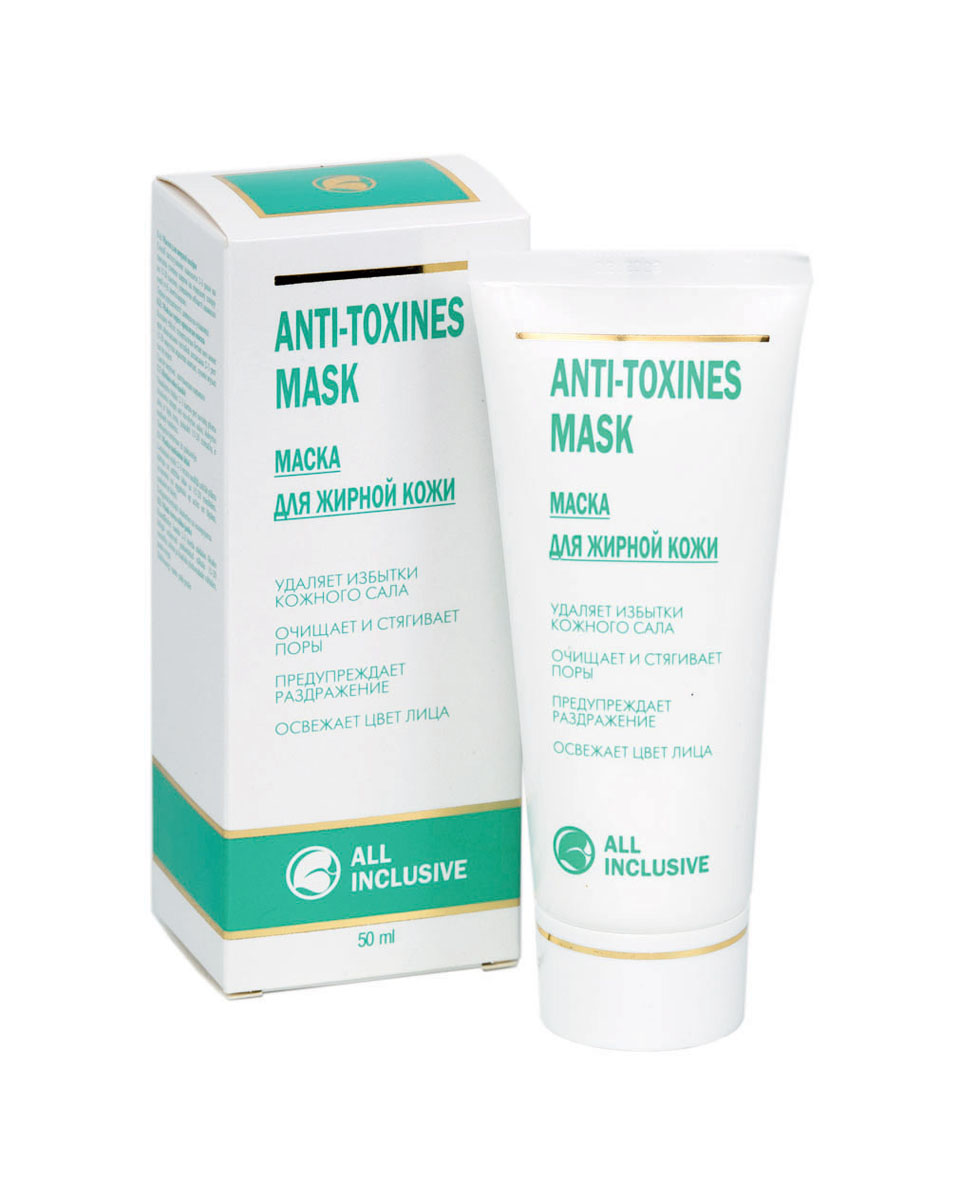 All Inclusive Anti-Toxines Mask - маска для жирной кожи, 50 мл200404 All Inclusive Anti-Toxines Mask - маска для жирной кожи, 50 мл200404Маска дезинфицирует, очищает, стягивает поры, поглощает избытки кожного сала, подготавливает кожу к последующему нанесению крема. Содержит разные сорта глин, которые восстанавливают минеральный состав кожи, стимулируют обновление эпидермиса. Антисеборейные и противовоспалительные экстракты березы, календулы, лимона, прополиса и шалфея обеспечивают великолепное целевое воздействие на жирную и воспаленную кожу. Оксид цинка – великолепный адсорбент – впитывает лишний жир с поверхности кожи, убирает жирный блеск, сужает поры. D-пантенол проникает в верхние слои эпидермиса, увлажняет и повышает его эластичность. Ментол и камфора способствуют удалению избыточного кожного сала, очищая и стягивая поры.