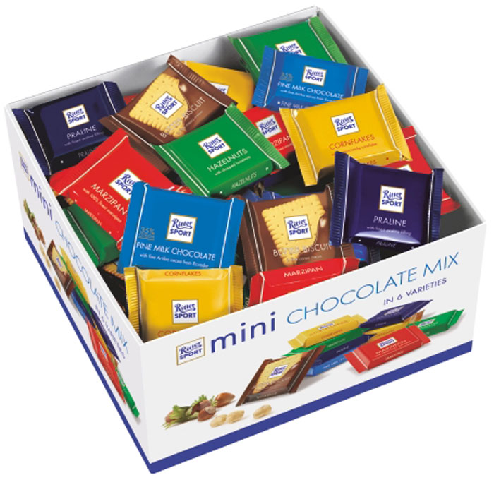 Ritter Sport Яркая Коллекция набор мини-шоколада 7 вкусов, 1400 г4000417048103 Ritter Sport Яркая Коллекция набор мини-шоколада 7 вкусов, 1400 г4000417048103Все разнообразие вкусов в одной коробке.В наборе 84 плитки шоколада.