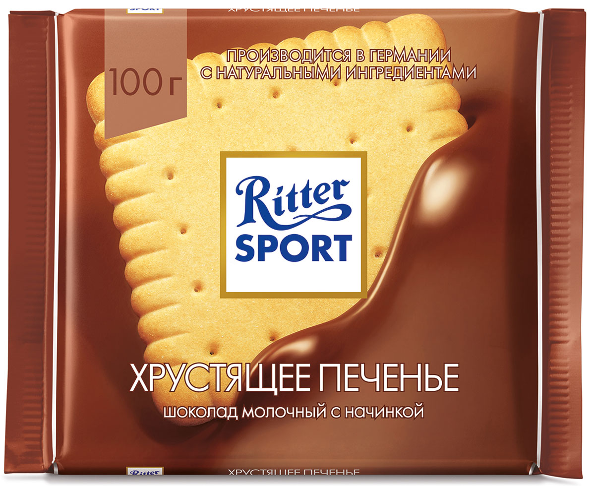 Ritter Sport Хрустящее печенье шоколад молочный с начинкой и печеньем, 100 г4000417214003 Ritter Sport Хрустящее печенье шоколад молочный с начинкой и печеньем, 100 г4000417214003Молочный шоколад с хрустящим печеньем.Пищевая ценность на 100 г: белки - 6 г, углеводы - 56 г, жиры - 34 г, в том числе насыщенные жирные кислоты - 20,0 г, в том числе трансизомеры ненасыщенных жирных кислот - 0,21 г.
