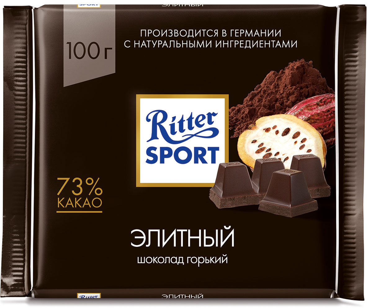 Ritter Sport Шоколад горький Элитный 73% какао, 100 г4000417260000 Ritter Sport Шоколад горький Элитный 73% какао, 100 г4000417260000Элитный горький шоколад.Пищевая ценность на 100 г: белки - 9 г, углеводы - 25 г, жиры - 49 г, в том числе насыщенные жирные кислоты - 29,31 г, в том числе трансизомеры ненасыщенных жирных кислот - 0,15 г.