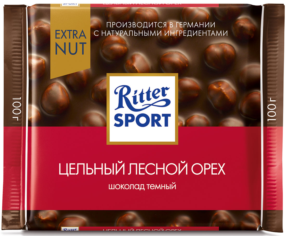 Ritter Sport Цельный лесной орех шоколад темный с цельным обжаренным орехом лещины, 100 г4000417702005 Ritter Sport Цельный лесной орех шоколад темный с цельным обжаренным орехом лещины, 100 г4000417702005Еще больше орехов в любимом вкусе Ritter Sport.Пищевая ценность на 100 г: белки - 8 г, углеводы - 39 г, жиры - 41 г, в том числе насыщенные жирные кислоты - 16,12 г, в том числе трансизомеры ненасыщенных жирных кислот - 0,08 г.