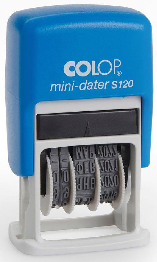 Colop Мини-датер S120 месяц цифрамиS120 Colop Мини-датер S120 месяц цифрамиS120Компактный мини-датер Colop S120 в пластиковом корпусе и с автоматическим окрашиванием текста рассчитан на 12 лет, включая текущий год.Установка даты происходит с помощью колесиков. Высота шрифта - 3,8 мм. Оттиск однострочный. Месяц указывается цифрами.Используйте оригинальную штемпельную подушку E/10.