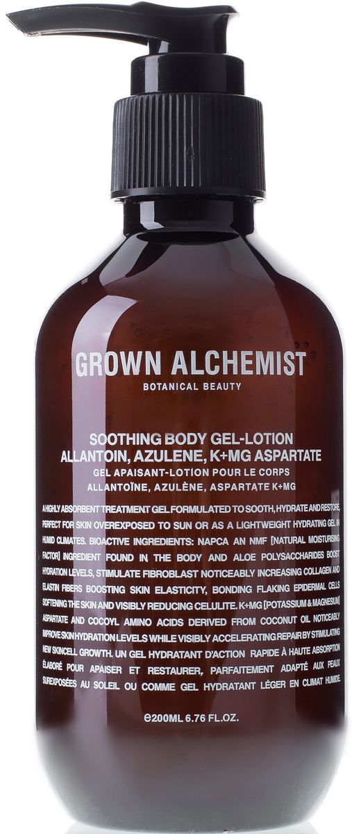 Grown Alchemist Восстанавливающий гель для тела, 200 млGRA0182 Grown Alchemist Восстанавливающий гель для тела, 200 млGRA0182Быстровпитываемый и быстродействующий увлажняющий гель, созданный для смягчения и восстановления кожи, идеален для ухода за кожей, долгое время пребывавшей на солнце. Более лёгкая альтернатива увлажняющему крему или лосьону для тела, оптимальная для влажного и жаркого климата. Подходит для всех типов кожи.
