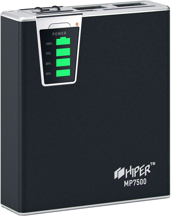 Hiper MP7500, Black внешний аккумулятор (7500 мАч)MP7500 Hiper MP7500, Black внешний аккумулятор (7500 мАч)MP7500Внешний аккумулятор Hiper Power Bank серии MP выполнен в класическом дизайне и отличается богатым набором адаптеров под различные типы заряжаемых устройств. Максимальный выходной ток - 2,1А, устройство снабжено двумя USB-выходами и индикатором уровня заряда. Высококачественный литий-ионный аккумулятор обладает встроенной защитой: от избыточного заряда и полного разряда, от перенапряжения и перегрузки по силе тока, от короткого замыкания — все это обеспечивает максимальную безопасность использования и подтверждает заслуженную репутацию надёжного производителя аналогичных устройств.