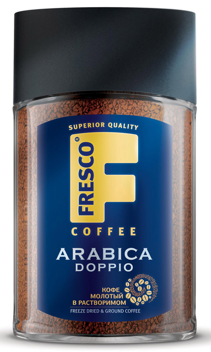 Fresco Doppio Arabica кофе растворимый, 100 г8051070320415 Fresco Doppio Arabica кофе растворимый, 100 г8051070320415Кофе Fresco Doppio Arabica создан по уникальной технологии производства растворимого кофе высшего качества, при которой молотый жареный кофе арабика премиум становится неотъемлемой частью каждого кристалла сублимированного кофе. Насыщенный плотный вкус и неповторимый стойкий аромат свежезаваренного кофе – уникальная особенность этого напитка.Уважаемые клиенты!Обращаем ваше внимание на возможные изменения в дизайне упаковки. Качественные характеристики товара остаются неизменными. Поставка осуществляется в зависимости от наличия на складе.