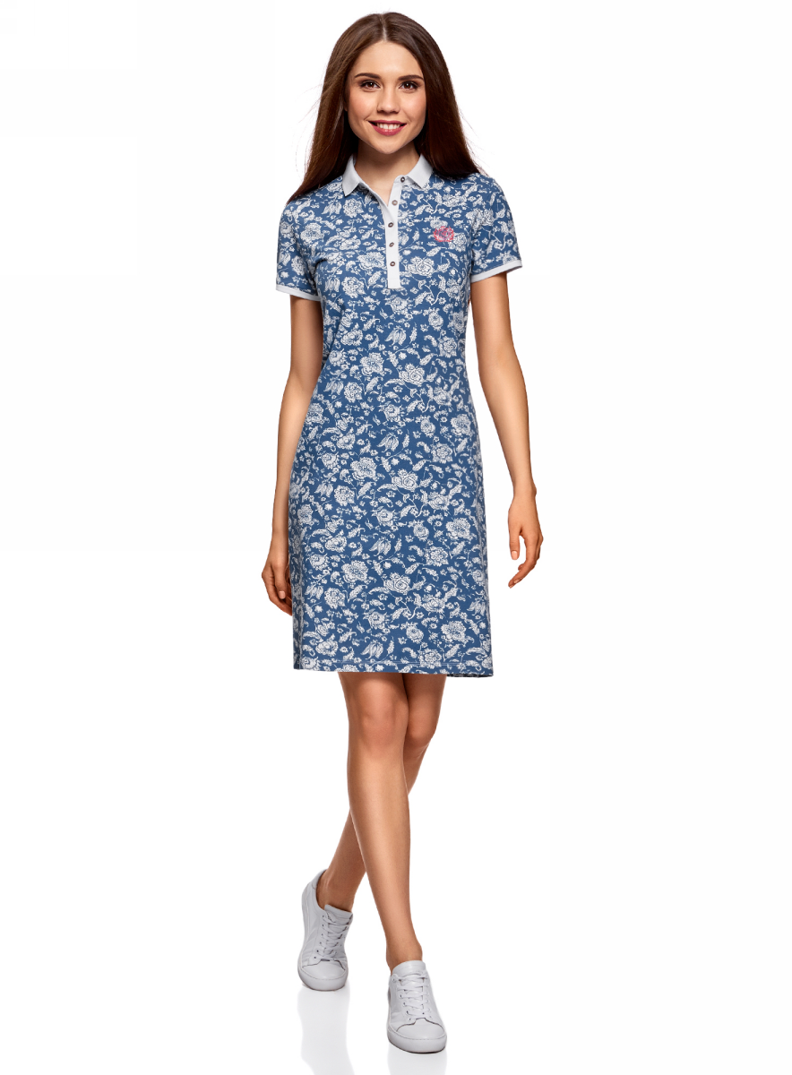 Платье oodji Collection, цвет: голубой, белый. 24001118-2/47005/7010E. Размер M (46)24001118-2/47005/7010E Платье oodji Collection, цвет: голубой, белый. 24001118-2/47005/7010E. Размер M (46)24001118-2/47005/7010EПлатье-поло от oodji выполнено из ткани пике с цветочным принтом. Модель с короткими рукавами и отложным воротником на груди застегивается на пуговицы.