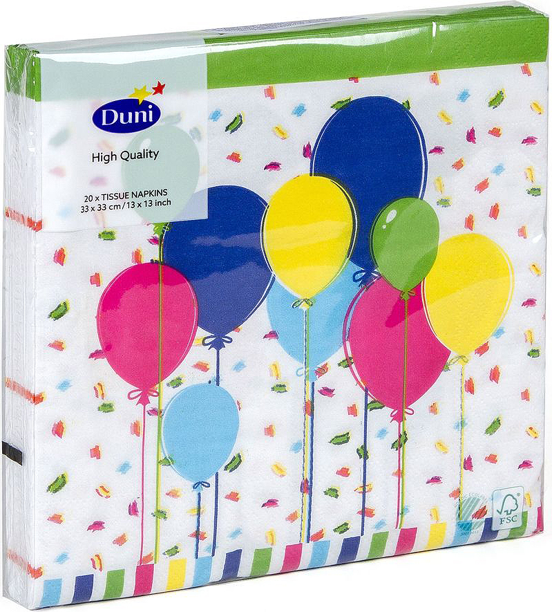 Салфетки бумажные Duni Balloons And Confet, 3-слойные, 33 х 33 см173419 Салфетки бумажные Duni Balloons And Confet, 3-слойные, 33 х 33 см173419Трехслойные бумажные салфетки изготовлены из экологически чистого, высококачественного сырья - 100% целлюлозы. Салфетки выполнены в оригинальном и современном стиле, прекрасно сочетаются с любым интерьером и всегда будут прекрасным и незаменимым украшением стола.