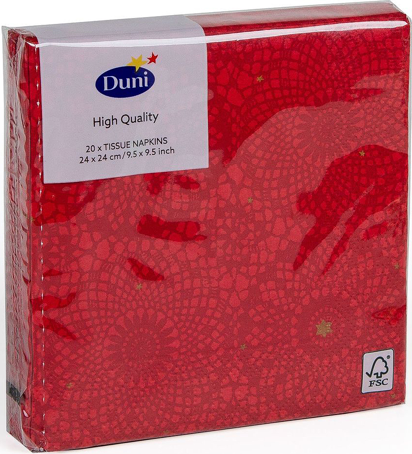 Салфетки бумажные Duni Festive Charm Red, 3-слойные, 24 х 24 см174899 Салфетки бумажные Duni Festive Charm Red, 3-слойные, 24 х 24 см174899Многослойные бумажные салфетки изготовлены из экологически чистого, высококачественного сырья - 100% целлюлозы. Салфетки выполнены в оригинальном и современном стиле, прекрасно сочетаются с любым интерьером и всегда будут прекрасным и незаменимым украшением стола.