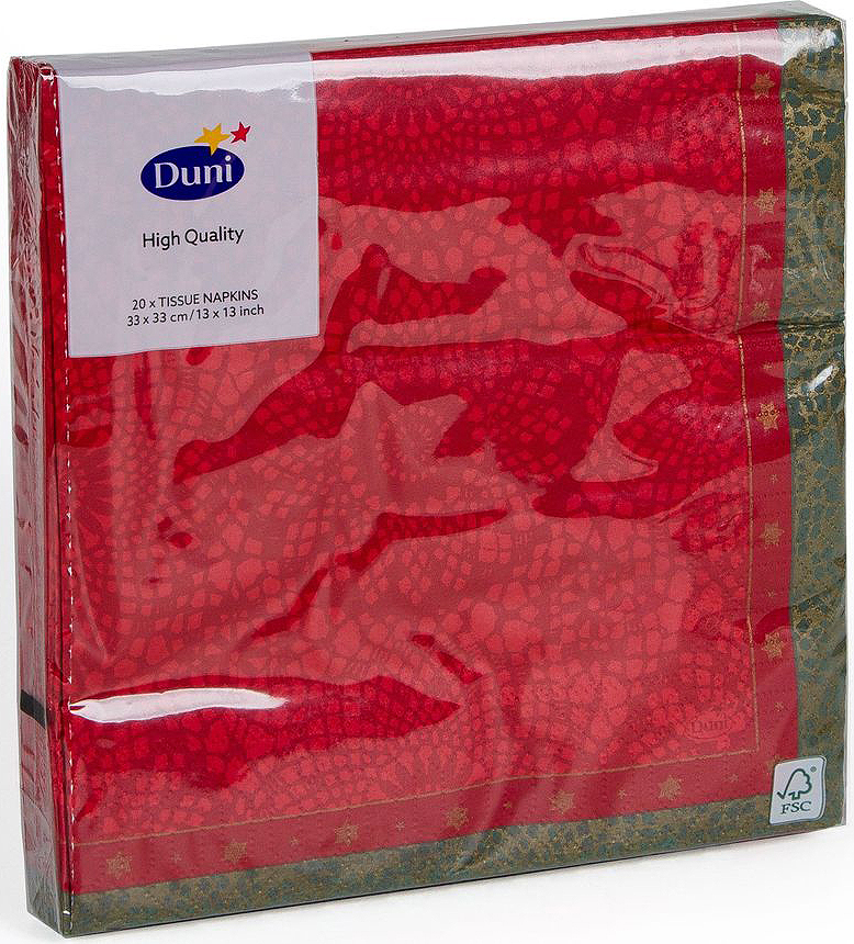 Салфетки бумажные Duni Festive Charm Red, 3-слойные, 33 х 33 см174900 Салфетки бумажные Duni Festive Charm Red, 3-слойные, 33 х 33 см174900Многослойные бумажные салфетки изготовлены из экологически чистого, высококачественного сырья - 100% целлюлозы. Салфетки выполнены в оригинальном и современном стиле, прекрасно сочетаются с любым интерьером и всегда будут прекрасным и незаменимым украшением стола.