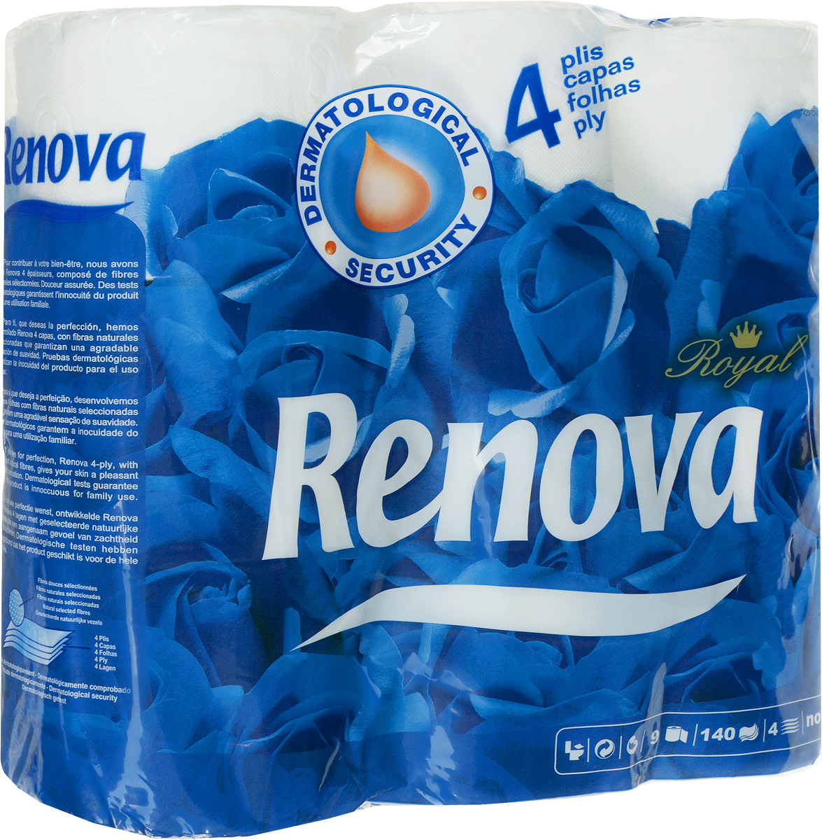Туалетная бумага Renova Royal, четырехслойная, цвет: белый, 9 рулонов200045194 Туалетная бумага Renova Royal, четырехслойная, цвет: белый, 9 рулонов200045194Туалетная бумага Renova Royal изготовлена по новейшей технологии из 100% целлюлозы, благодаря чему она очень мягкая, нежная, но в тоже время прочная. Перфорация надежно скрепляет четыре слоя бумаги. Туалетная бумага Renova Royal не содержит ароматизаторов и красителей. Состав: 100% целлюлоза. Количество листов: 140 шт.Количество слоев: 4.Размер листа: 11,5 см х 9,5 см.Количество рулонов: 9 шт.Португальская компания Renova является ведущим разработчиком новейших технологий производства, нового стиля и направления на рынке гигиенической продукции.