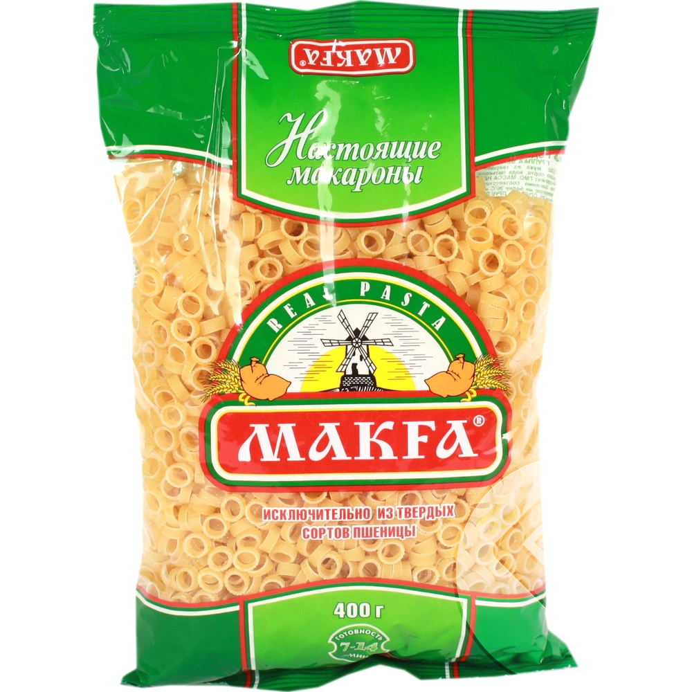 Makfa кольца, 400 г219-3 Makfa кольца, 400 г219-3Универсальный формат, подходит как для гарнира, так и в качестве суповой засыпки. Кроме этого, благодаря своей форме прекрасно сочетается с овощными и мясными соусами. Варятся 7 минут.
