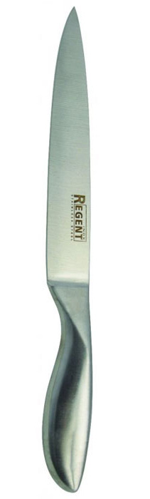 Разделочный нож Regent Inox "Luna" изготовлен из высококачественной нержавеющей стали. Острое прочное лезвие ножа имеет ровную поверхность и выверенный угол заточки. Специальная закалка металла обеспечивает повышенную прочность. Сбалансированность ножа обеспечивает приложение минимальных усилий при резке. Лезвие ножа не впитывает запахи и не оставляет запаха на продуктах.  Оригинальная и практичная ручка выполнена из первоклассной нержавеющей стали.  Нож с длинным, средним по ширине клинком применяется для разделки крупных и средних овощей, нарезки больших кусков мяса, курицы, крупной рыбы. Такой нож займет достойное место среди аксессуаров на вашей кухне. Характеристики:Материал: нержавеющая сталь 18/10. Общая длина ножа: 32 см. Длина лезвия: 20,5 см. Артикул: 93-HA-3.