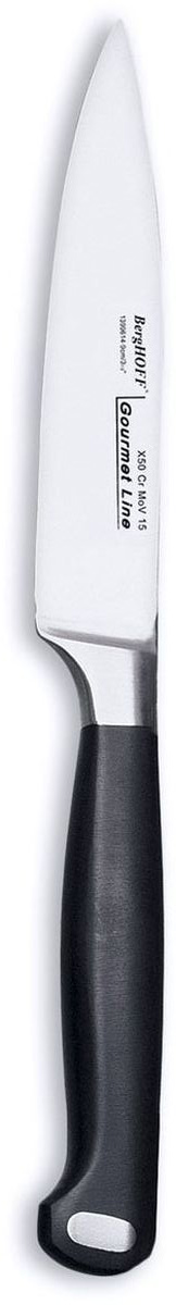 Нож для очистки BergHOFF Gourmet, длина лезвия 9 см1399614 Нож для очистки BergHOFF Gourmet, длина лезвия 9 см1399614Нож для очистки BergHOFF Gourmet выполнен из кованной высококачественной хром-молибден-ванадиевой стали (Х50CrMovV15), устойчив к пятнам, коррозии. Эргономичная нескользящая ручка доставляет комфорт и безопасность захвата. Тяжелая кованая шейка обеспечивает идеальный баланс и безопасность для рук.Нож используется для чистки овощей и фруктов, приготовления гарниров и салатов. Также применяется для отделения костей в птице или рыбе.Нож для очистки BergHOFF Gourmet предоставит вам все необходимые возможности в успешном приготовлении пищи и порадует вас своими результатами. Рекомендуется мыть вручную. Общая длина ножа: 19,5 см. Длина лезвия: 9 см.
