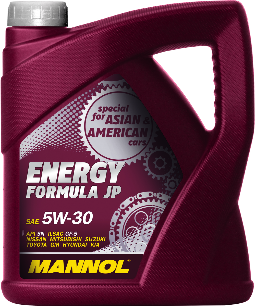 Масло моторное MANNOL Energy Formula JP, 5W-30, синтетическое, 4 л1060 Масло моторное MANNOL Energy Formula JP, 5W-30, синтетическое, 4 л1060Моторное масло MANNOL Energy Formula JP - универсальное моторное масло предназначенное для двигателей японских, корейских и американских легковых автомобилей, минивэнов, внедорожников, SUV и микроавтобусов. Разработано специально для двигателей с системами непосредственного впрыска (GDI, D-4D, NEO-DI), с турбонаддувом, а также с различными механизмами изменения фаз газораспределения (DOHC, VVT-i, VTC, CVVT, VTEC, VVL, VVTL-i, MIVEC и др). Обладает высокими антиокислительными свойствами и превосходными моюще-диспергирующими характеристиками, что предупреждает образование отложений на деталях двигателя. Современный пакет присадок гарантирует прочную смазочную пленку в самых жестких условиях эксплуатации. Обеспечивает легкий пуск двигателя при низких температурах.Допуски и соответствия ILSAC GF-5, GM dexos 1. Вязкость при -30°C: 5420 CP. Вязкость при 100°C: 11,4 CSt.Вязкость при 40°C: 67,2 CSt.Индекс вязкости: 164.Плотность при 15°C: 850 kg/m3.Температура вспышки COC: 224 °C.Температура застывания: -42 °C.Щелочное число: 8,12 gKOH/kg.Товар сертифицирован.