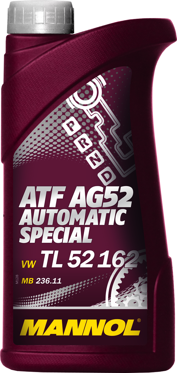 Масло трансмиссионное MANNOL ATF AG52 Automatic Special, синтетическое, 1 л1339 Масло трансмиссионное MANNOL ATF AG52 Automatic Special, синтетическое, 1 л1339Трансмиссионное масло MANNOL ATF AG52 Automatic Special – высококачественное, частично синтетическое трансмиссионное масло, обеспечивающее долгую и надежную работу автоматических коробок передач нового поколения типа MULTITRONIC, STEPTRONIC и TIPTRONIC. Предназначена для автоматических коробок передач автомобилей VW и Audi согласно специальным требованиям VW TL 52 162. Уникальные эксплуатационные свойства обеспечиваются применением высокоочищенных базовых масел, синтетических компонентов и новейшей современной технологии присадок. Продукт имеет допуски / соответствует спецификациям / продуктам: BMW 832 29 407 807, JAGUAR JLM 202 38, MB 236.11. PORSCHE 999.917.547.00, VW TL 52 162.Вязкость при 100°C: 7,4 CSt.Вязкость при 40°C: 36,7 CSt.Индекс вязкости: 173.Плотность при 15°C: 850 kg/m3. Температура вспышки COC: 166 °C.Товар сертифицирован.