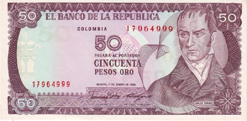 Банкнота номиналом 50 песо. Колумбия, 1986 год