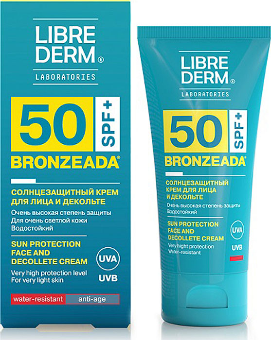 Librederm Bronzeada Крем для лица и зоны декольте солнцезащитный SPF 50, 50 мл8032568-302250 Librederm Bronzeada Крем для лица и зоны декольте солнцезащитный SPF 50, 50 мл8032568-302250Солнцезащитный крем для лица и декольте с очень высоким солнцезащитным фактором SPF50. Крем с UVA и UVB фильтрами надежно защищает кожу от губительного воздействия солнечных лучей и предотвращает преждевременное старение. Позволяет дольше наслаждаться пребыванием на солнце и обрести красивый загар.
