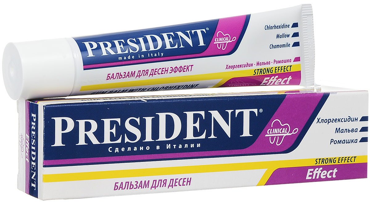 President бальзам для десен Effect, 30 мл19073 President бальзам для десен Effect, 30 мл19073Заметно уменьшает воспаление и болезненность в период прорезывания зуба мудрости, после снятия зубных отложений, а также при ожогах слизистой полости рта. Способ применения: наносить на проблемные участки и/или добавлять горошину геля к зубной пасте.