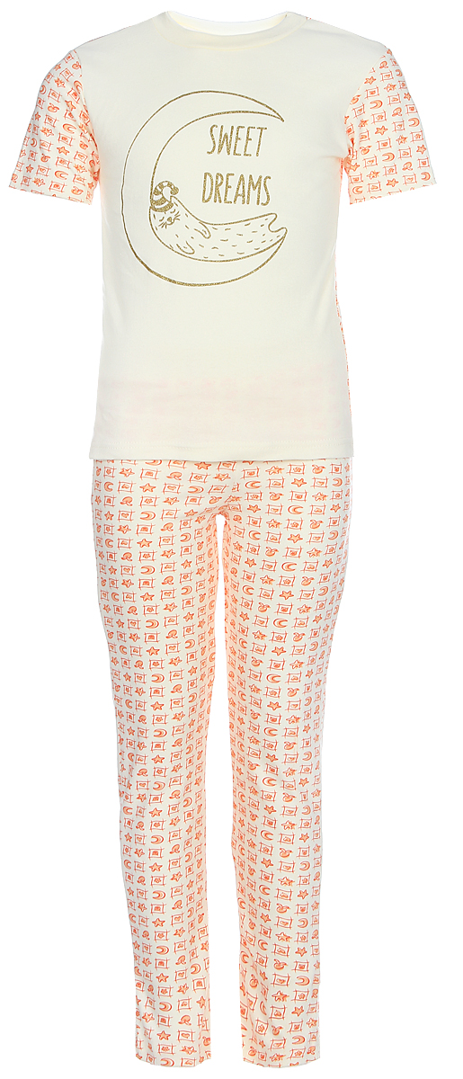 Пижама для девочки КотМарКот, цвет: светло-бежевый, оранжевый. 16225. Размер 122