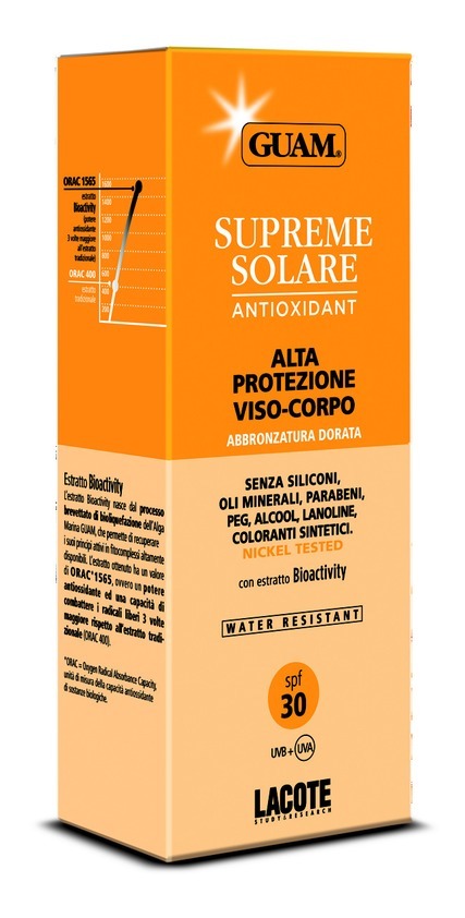 Guam Солнцезащитный крем SPF 30 Solare, 150 мл0773 Guam Солнцезащитный крем SPF 30 Solare, 150 мл0773Крем содержит в своем составе комбинацию физических и химических фильтров, эффективно защищающих кожу сразу от двух типов ультрафиолетового излучения: UVA и UVB. Экстракт водорослей GUAM в составе крема способствуют выводу токсинов из клеток кожи. Растительный глицерин является эффективным увлажнителем. Масло сладкого миндаля обладает успокаивающими и смягчающими свойствами. Масло риса, жожоба и витамин Е оказывают регенерирующее и заживляющее действие, являясь эффективными для любого типа кожи. Масло моркови и экстракт арбуза стимулируют естественную выработку меланина и способствуют проявлению красивого, ровного и здорового загара. Подходит для светлой, чувствительной кожи и в первые дни пребывания на солнце.