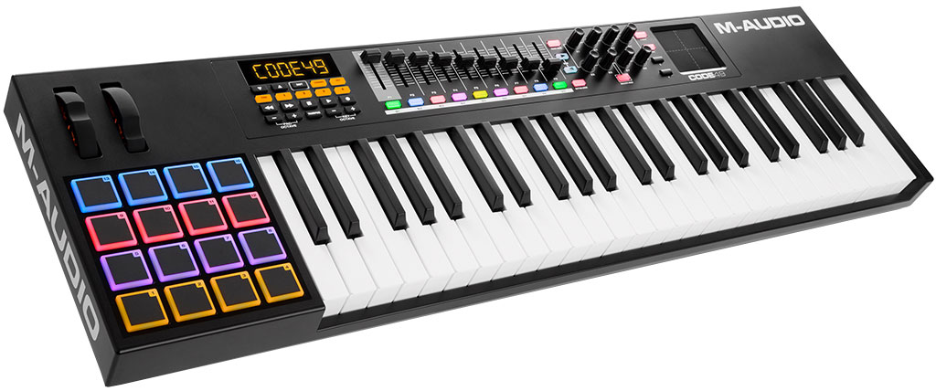 M-Audio Code 49, Black MIDI-клавиатураMCI54833 M-Audio Code 49, Black MIDI-клавиатураMCI54833USB MIDI контроллер49 клавишполувзвешенная механика с послекасанием8 назначаемых регуляторов радиального типа16 пэдов (velocity-sensitive)XY пэд9 фейдеровMackie/HUI транспортLCD дисплейКомплект Ableton Live Lite, Hybrid 3.0, Loom