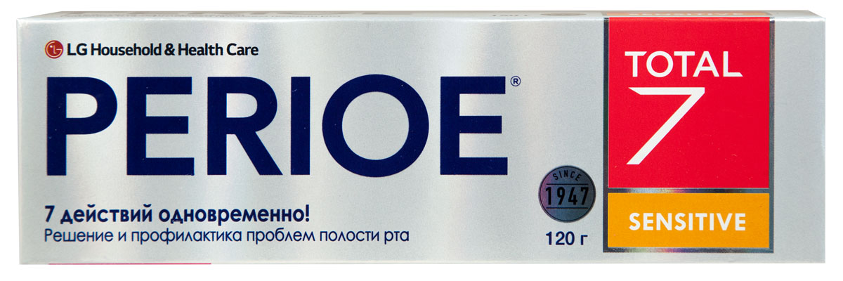 Perioe Зубная паста комплексного действия Total 7 sensitive 120 г18100061 Perioe Зубная паста комплексного действия Total 7 sensitive 120 г18100061Комплексное действие – решает сразу 7 задач: предотвращает кариес, устраняет налет, предотвращает образование зубного камня, устраняет неприятный запах,заботится о здоровье десен, обладает отбеливающим эффектом, укрепляет эмаль.Sensitive - подходит для чувствительных зубов